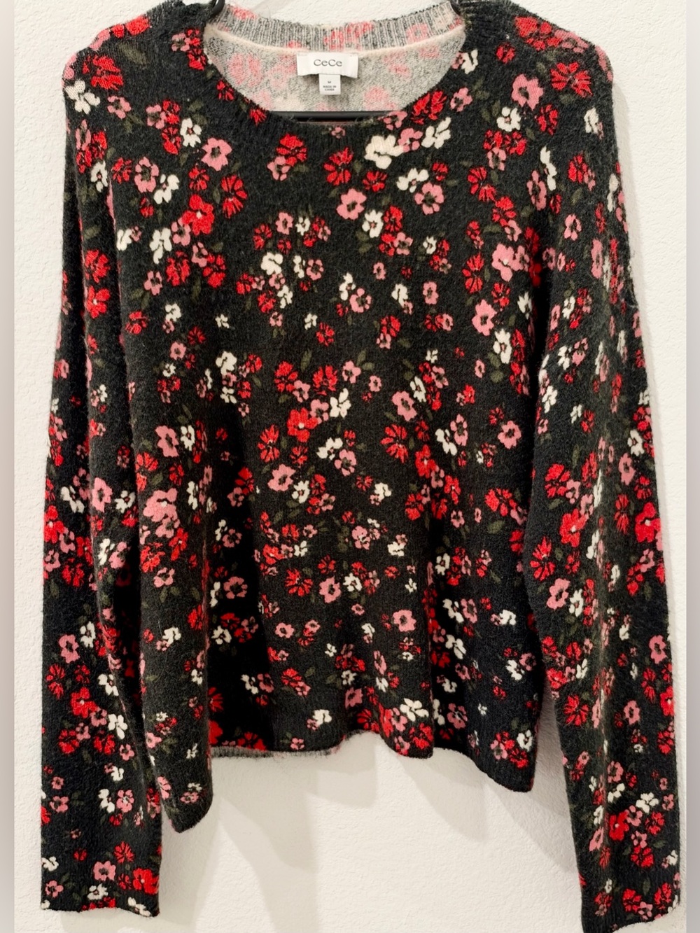 CeCe Black Floral Crewneck Sweater with Red & Pink Blooms